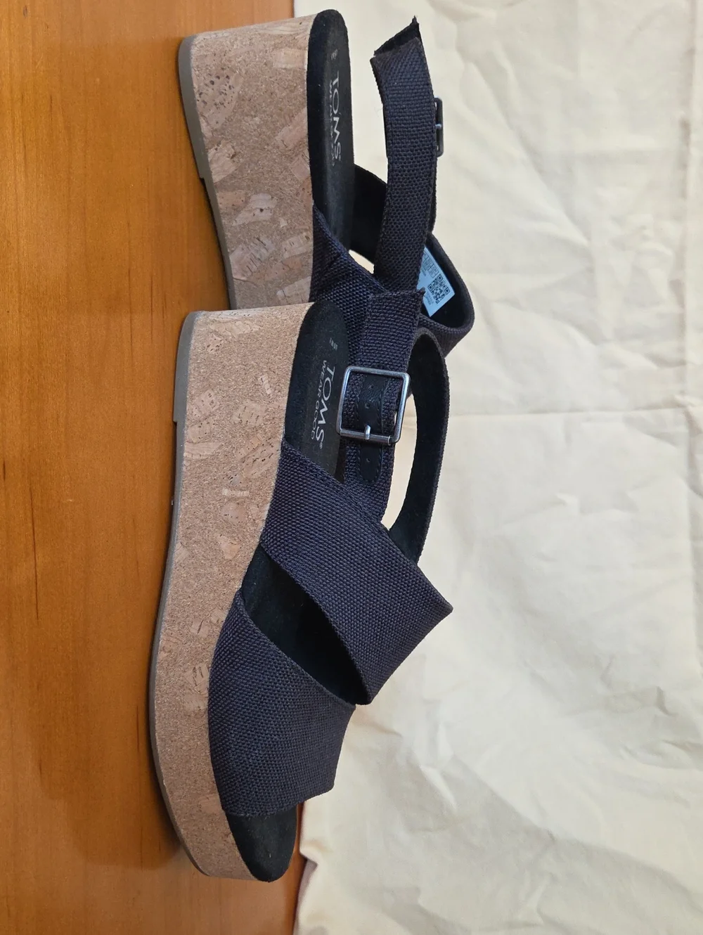Toms Navy Crisscross Fabric Cork Wedges